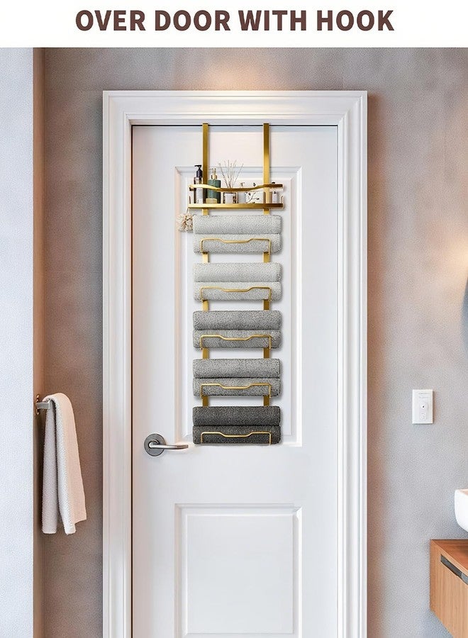 Aetyord Hanging Towel Racks for Bathroom No Drill - 6-Tier Over The Door Bath Towel Storage Organizer for Small Bathrooms - Tiered Back of Door Towel Holder Hanger for Rolled Towels RV Camper Gold - Image 2